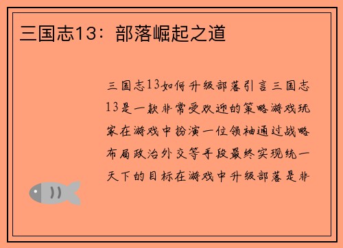 三国志13：部落崛起之道